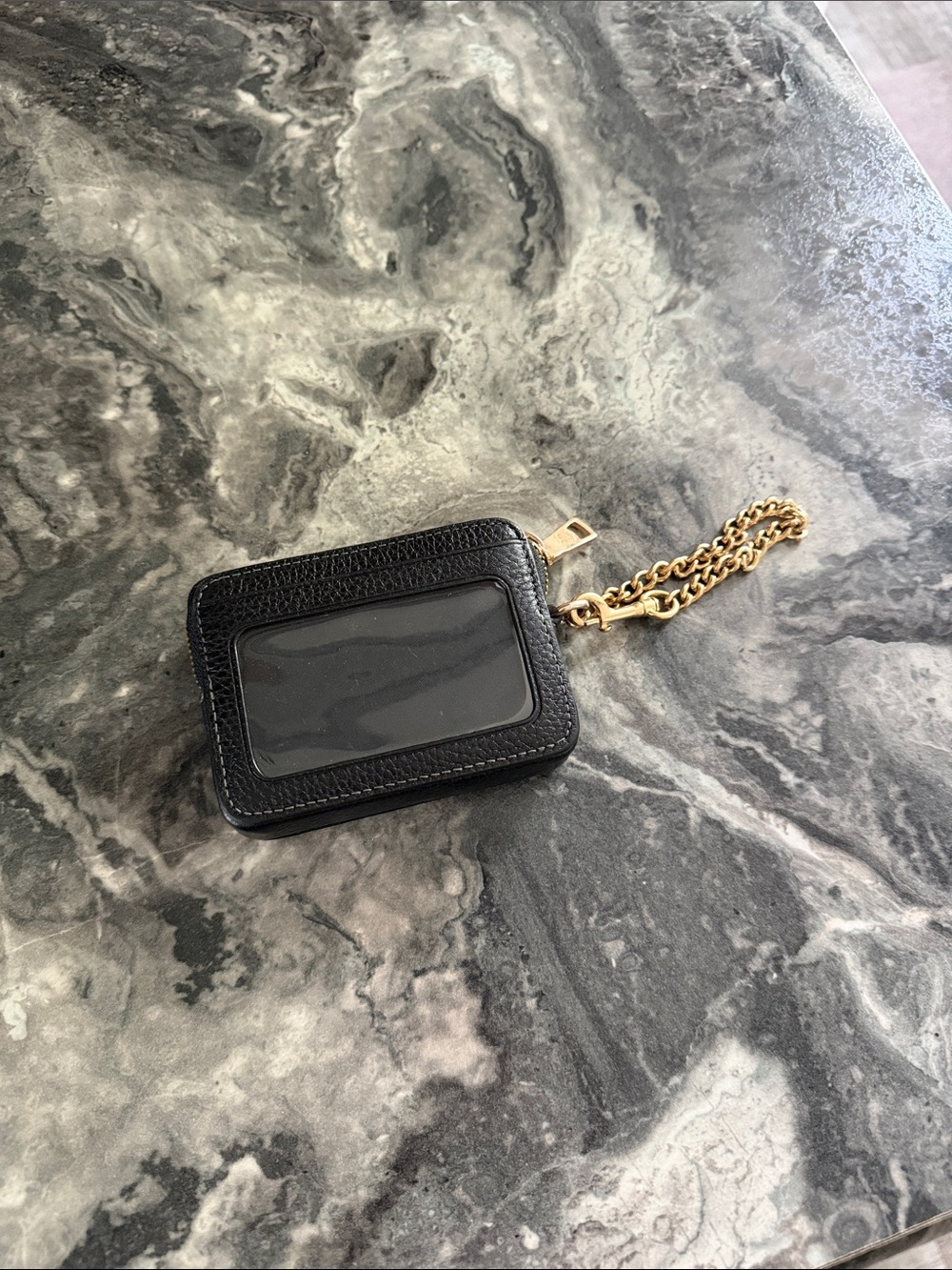 Coach Black Leather ID Card Holder with Gold Chain Accent